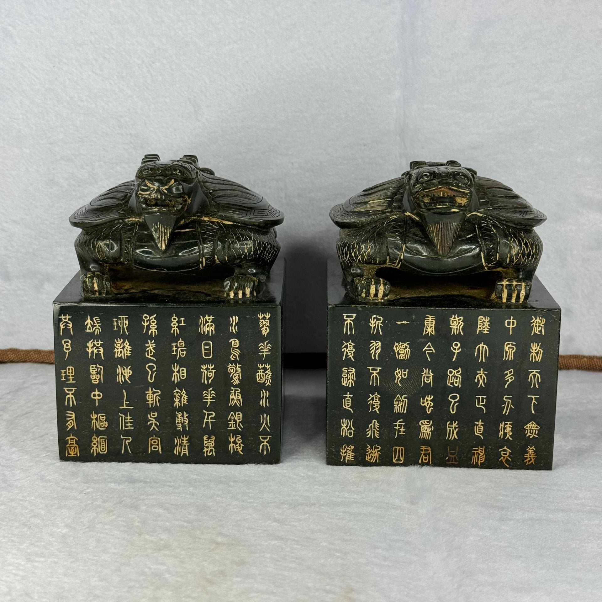 Rare Antique Natural Nephrite Dual Dragon Turtle Seal Set in Zitan Dragon Carvings Box Total Weight 4,853.2g 205.5 by 190.0 by 140.0mm each seal about 1,719.5g 84.7 by 82.3 by 113.1mm - Huangs Jadeite and Jewelry Pte Ltd