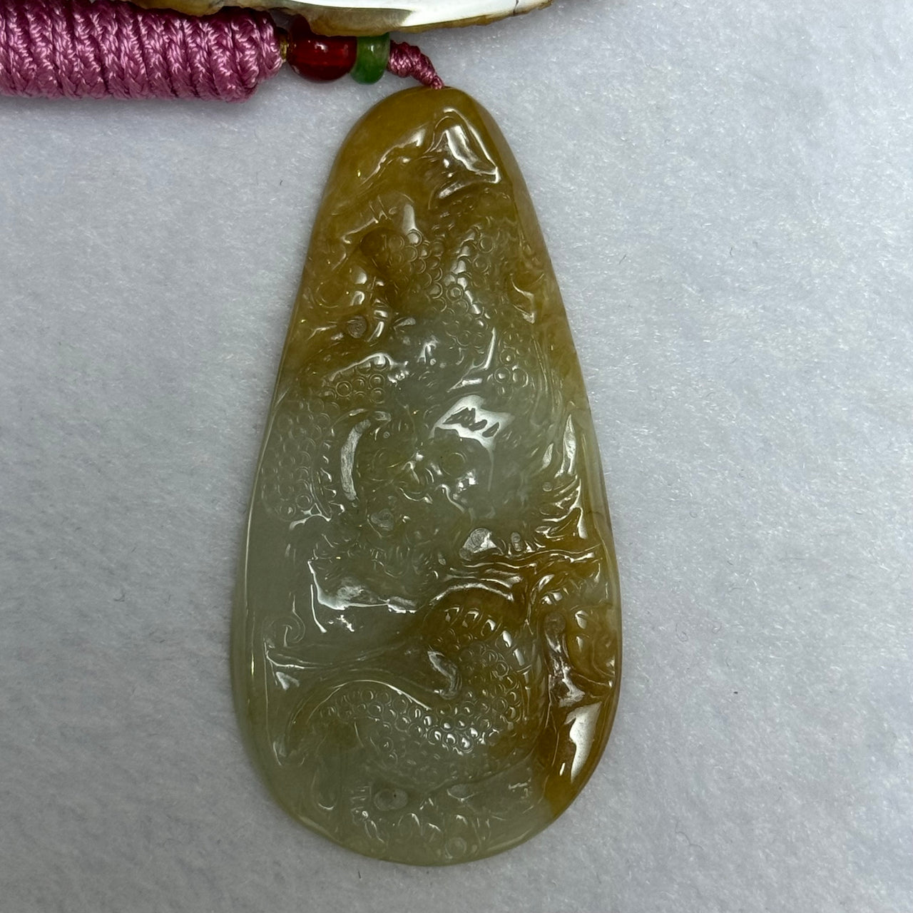 Type A Yellow Green Lavender Jadeite Dragon Pendent 27.60g 63.5 by 32.4 by 7.8mm - Huangs Jadeite and Jewelry Pte Ltd