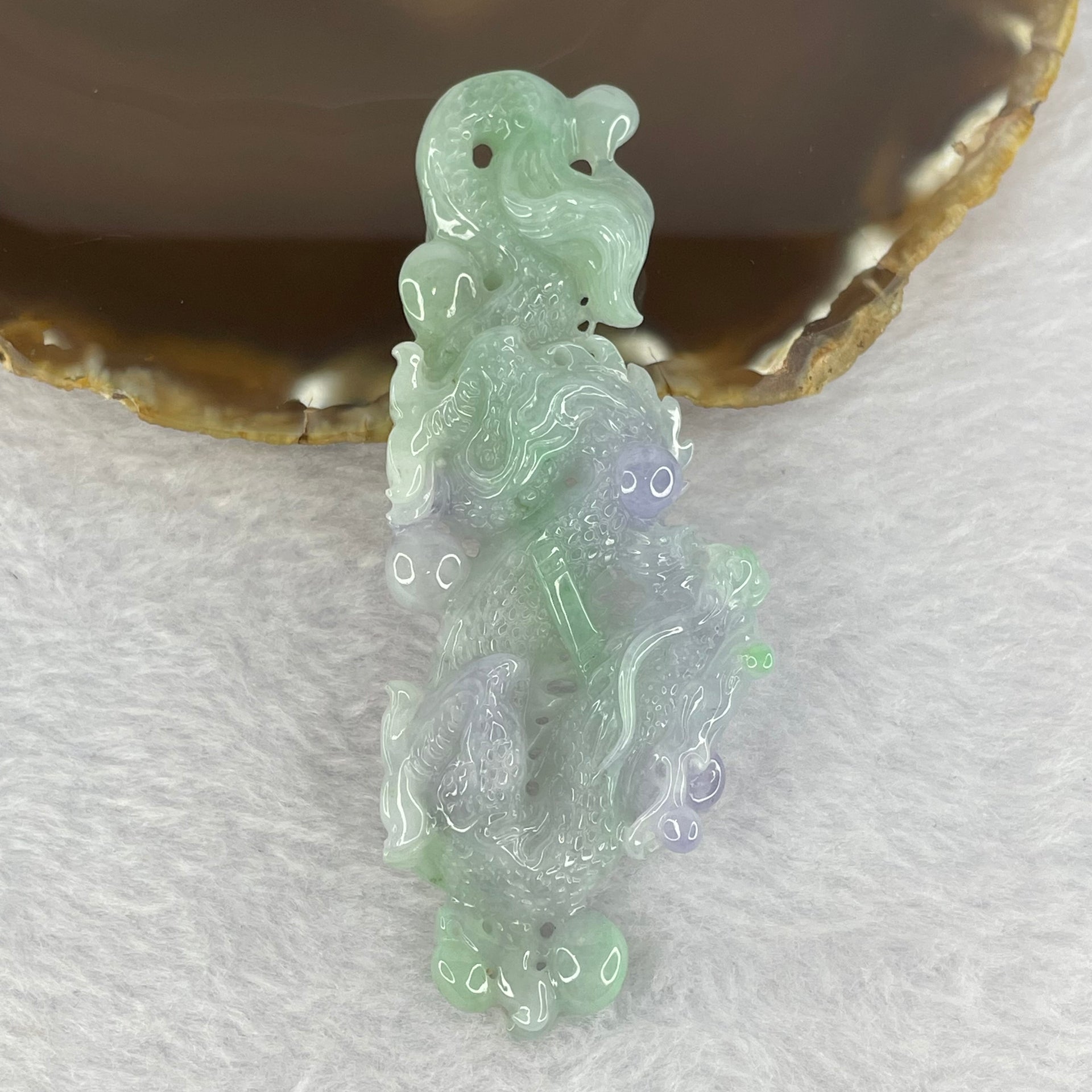 Grand Master Bright Intense Lavender Green Jadeite 3D Dragon 48.17g 91.9 by 36.4 by 11.8mm with Wooden Stand - Huangs Jadeite and Jewelry Pte Ltd