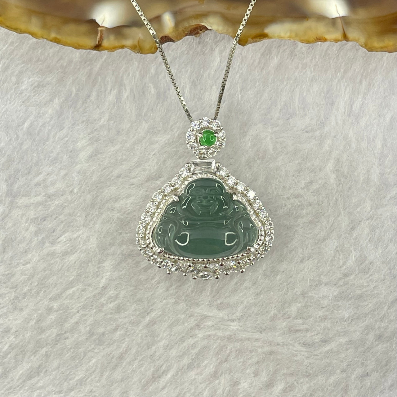 Type A Icy Blueish Green Jadeite Milo Buddha Pendent with Crystals in S925 Sliver Setting and Chain 3.39g 12.8 by 16.0 by 3.0mm