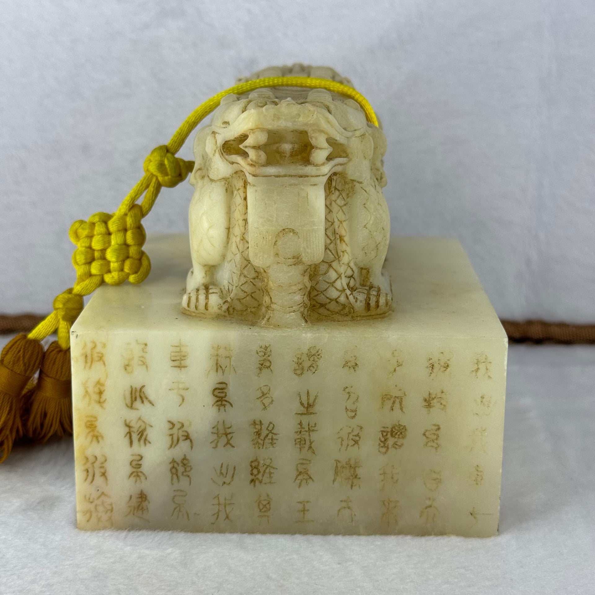 Rare Antique Natural Yellow White Nephrite Double Headed Dragon Seal 2,023.4g 101.4 by 101.0 by 110.0mm - Huangs Jadeite and Jewelry Pte Ltd