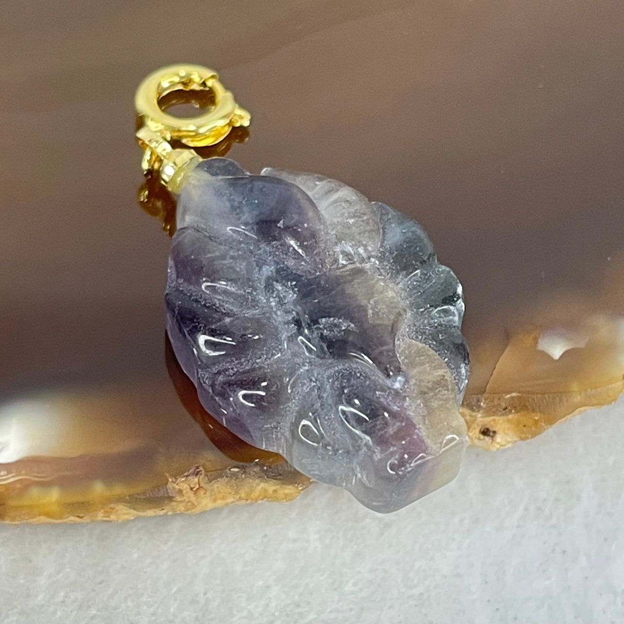 Natural Purple and Green Fluorite 9 Tail Fox Charm Pendant 5.58g 24.9 by 16.2 by 8.1mm