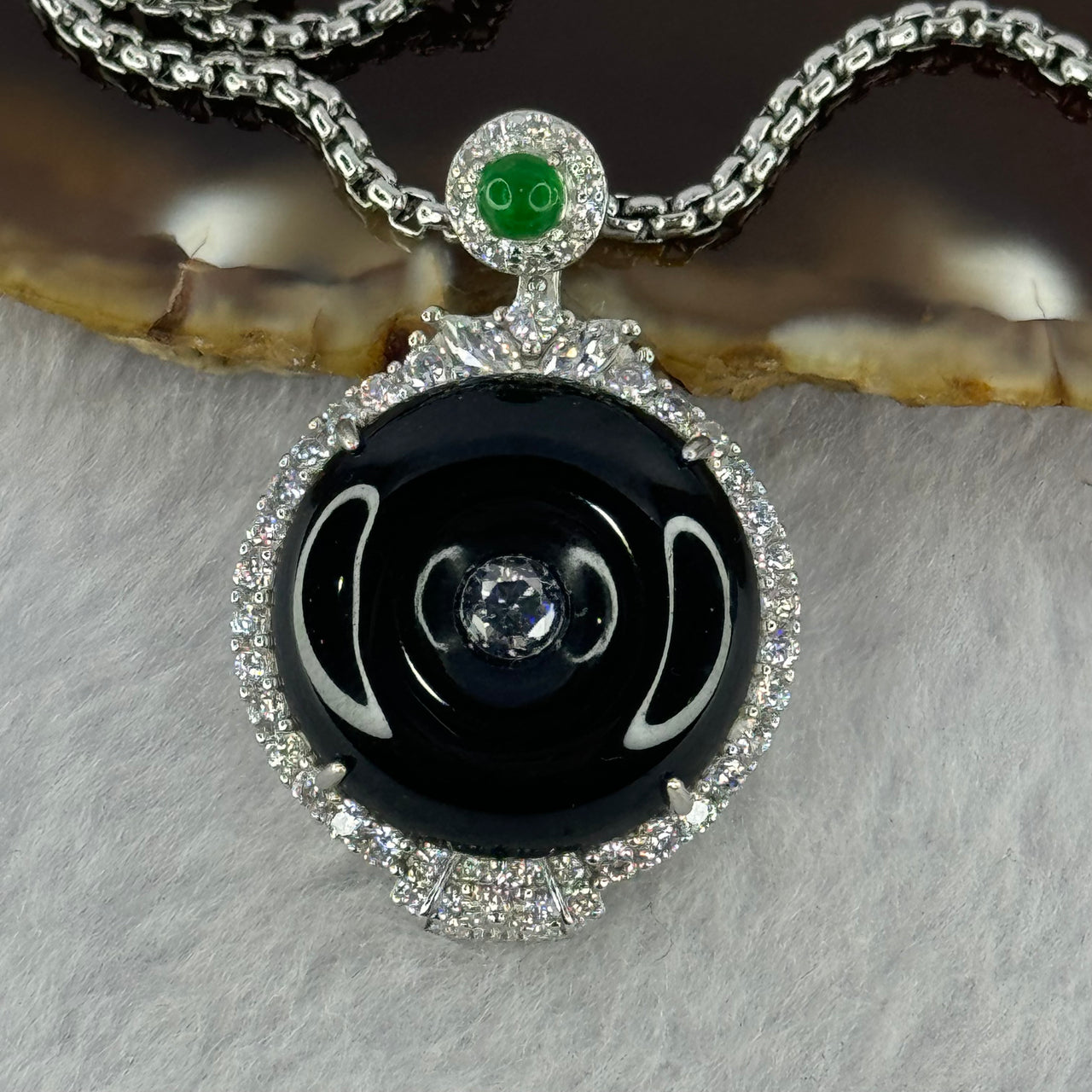 Type A Translucent Black Omphasite Jadeite Ping An Kou Donut 19.2 by 4.5mm Pendent with S925 Sliver Necklace 60cm 15.07g