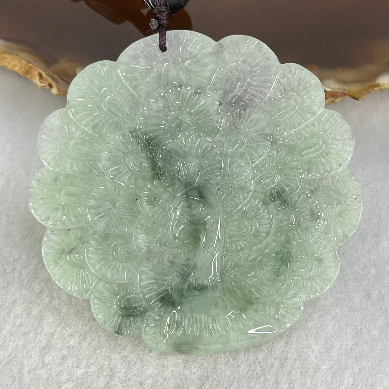 Type A Light Green with Blueish Green Piao Hua Jadeite Peacock Pendant 32.05g 52.1 by 53.0 by 5.5mm