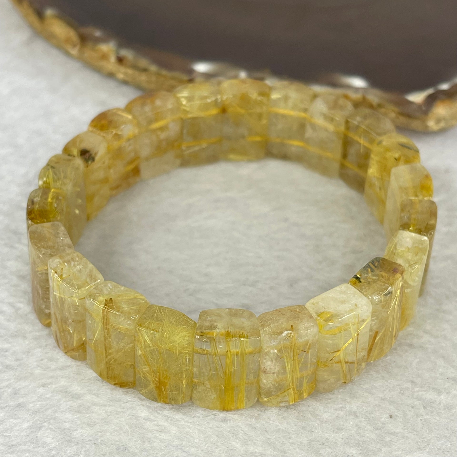 Good Quality Natural Golden Rutilated Quartz Bracelet 天然金顺发晶手链 49.61g 18cm 16.2 by 10.7 by 6.8mm 22 pcs - Huangs Jadeite and Jewelry Pte Ltd