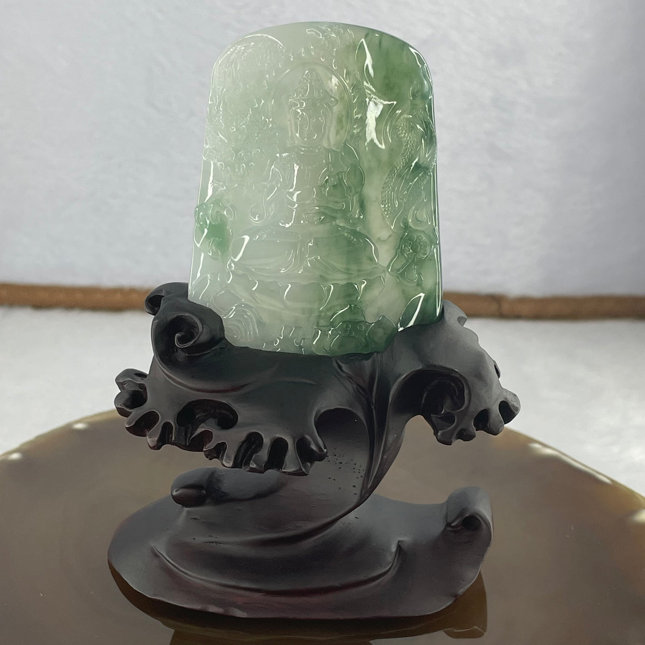 Grand Master Icy Type A Dual Color Green Jadeite Mahasthamaprapta Bodhisattva Guan Yin 44.37g 67.5 by 49.3 by 5.3mm with Wooden Stand - Huangs Jadeite and Jewelry Pte Ltd