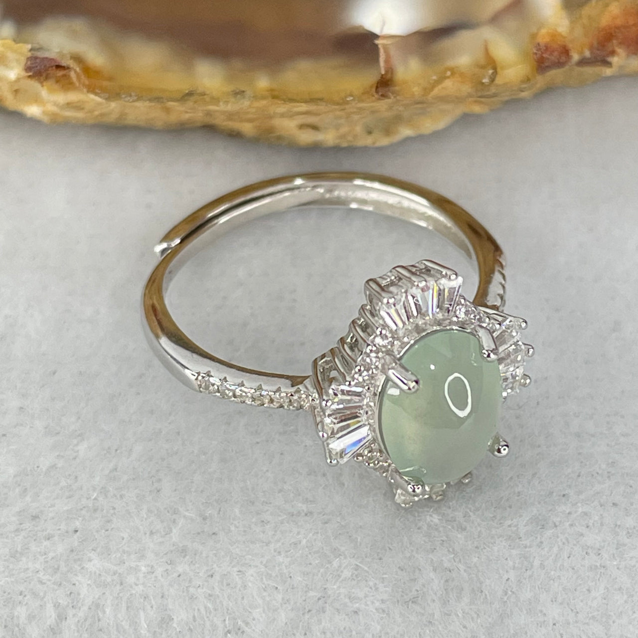 Type A Icy Light Sky Blue Jadeite Cabochon with Crystals in S925 Sliver Ring 2.55g 8.6 by 6.9 by 4.0mm