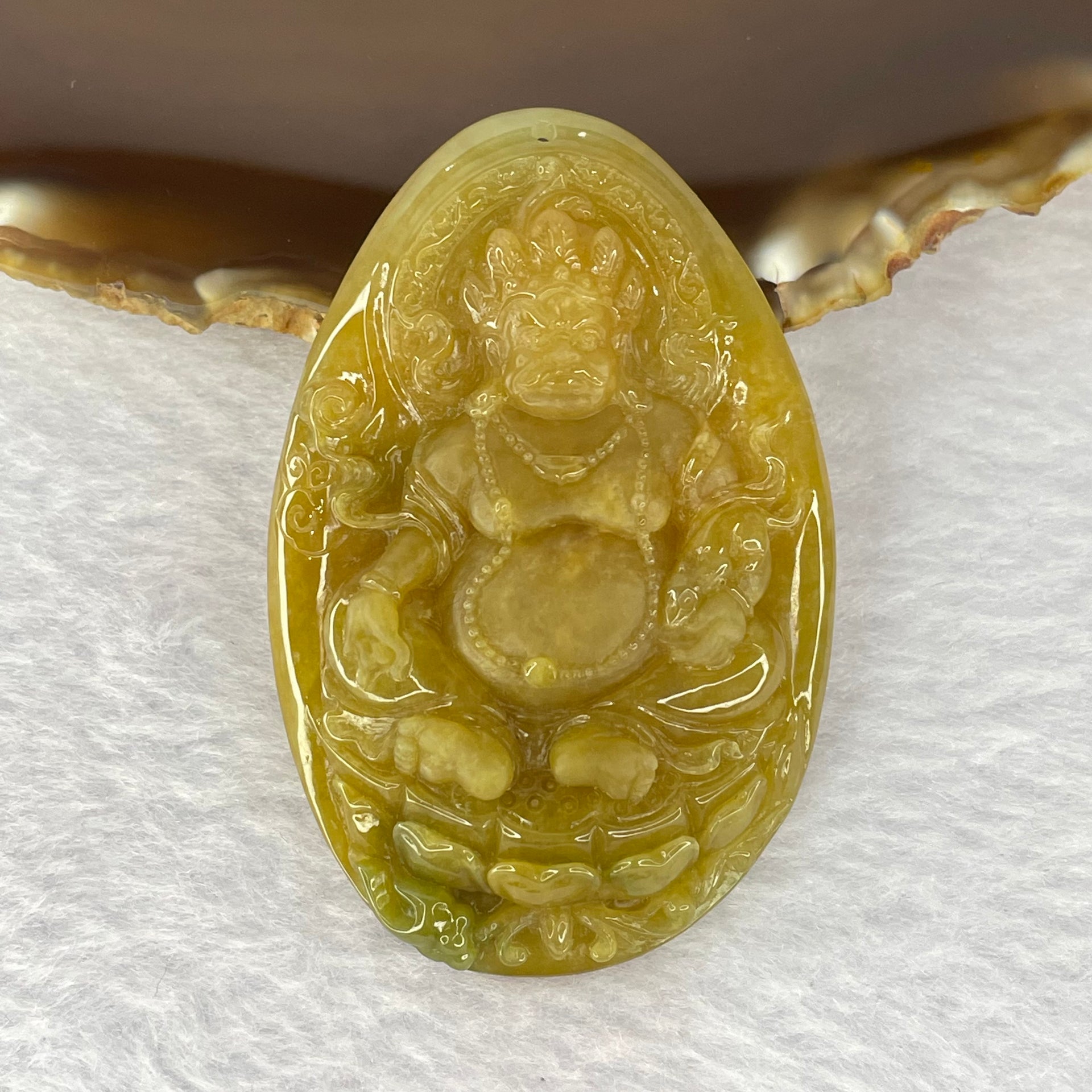 Grand Master Very Translucent Type A Yellow Jadeite Huang Cai Shen 黄财神 Yellow Jambhala 36.99g 62.6 by 40.8 by 10.8mm with Wooden Stand - Huangs Jadeite and Jewelry Pte Ltd