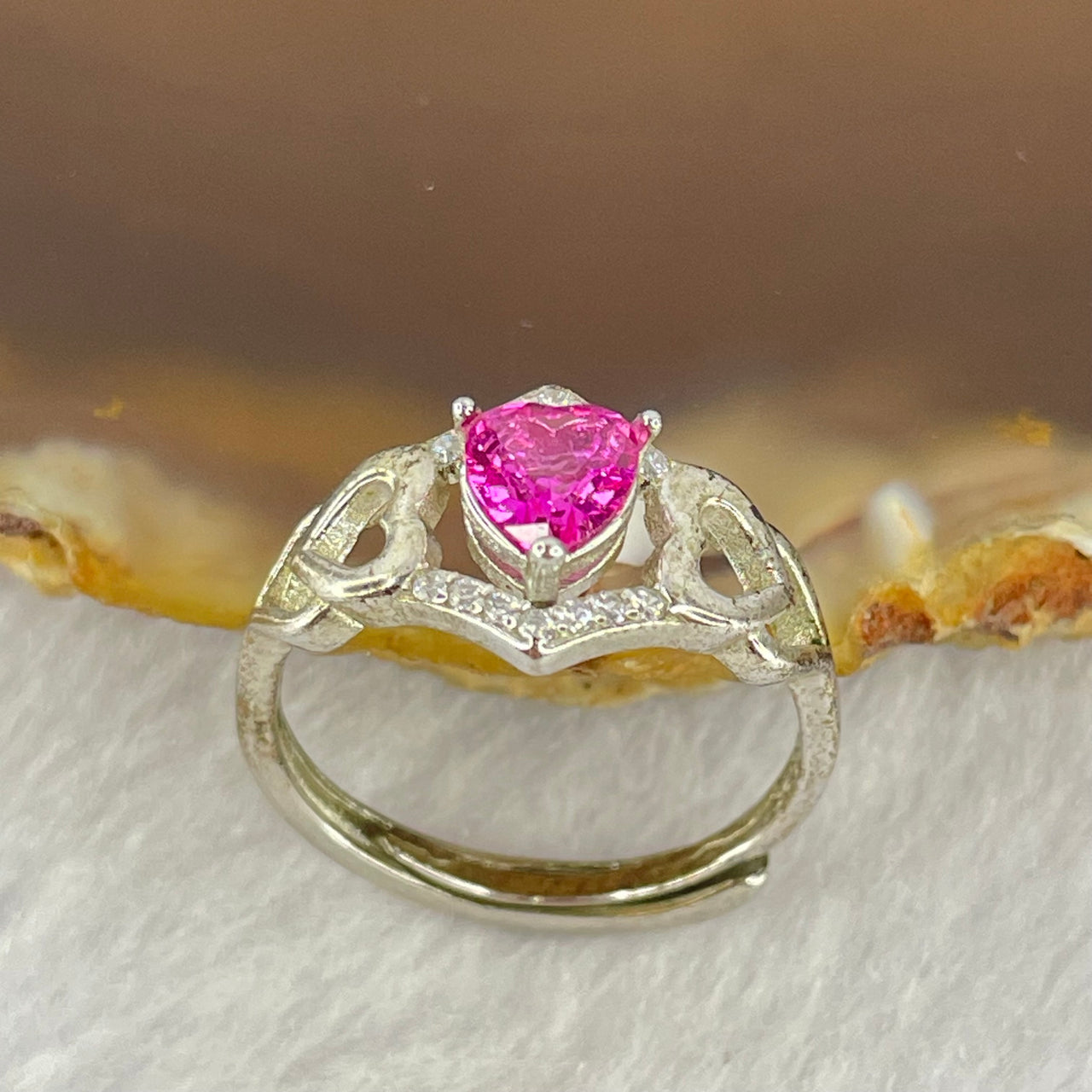 Pink Cubic Zirconia with Crystals in S925 Sliver Ring (Adjustable Size) 1.76g 5.6 by 5.0 by 3.0mm