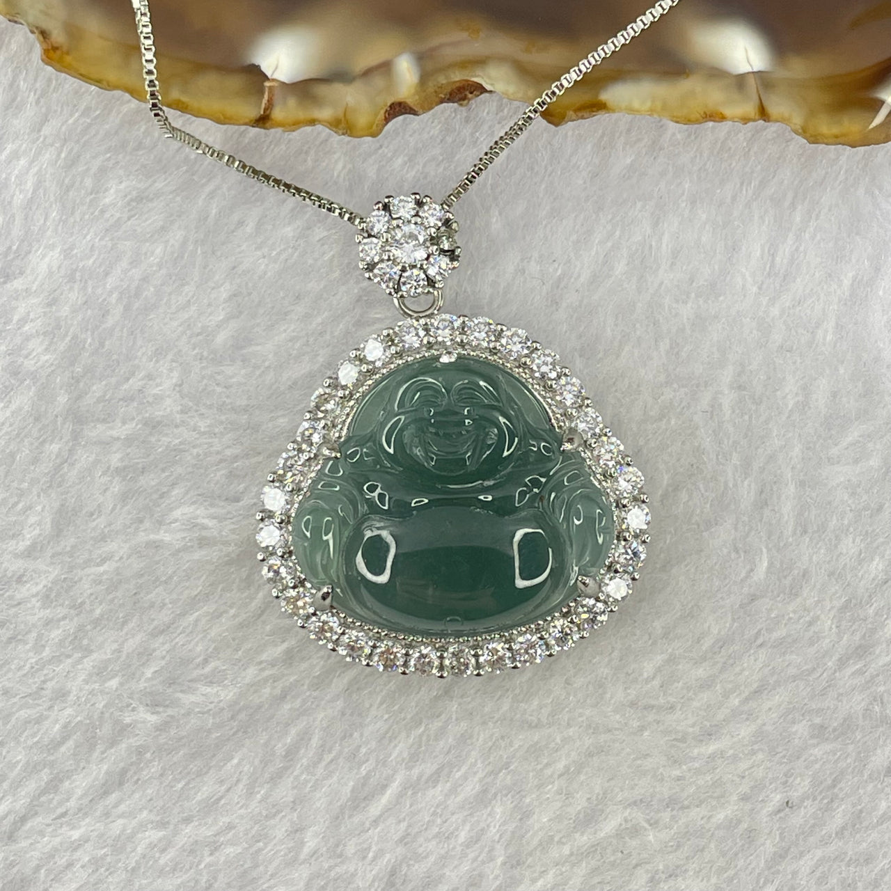 Type A Icy Blueish Green Jadeite Milo Buddha Pendent with Crystals in S925 Sliver Setting and Chain 11.73g 20.8 by 23.5 by 3.5mm