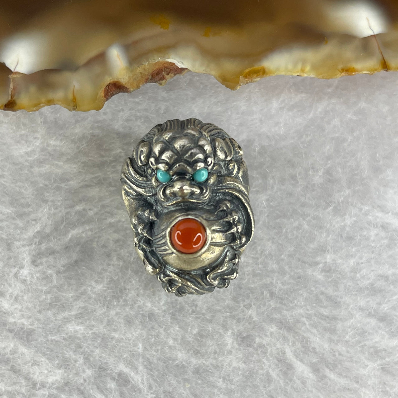 925 Sliver Dragon with Turquoise Eyes and Red Nan Hong Agate Bracelet Charm 7.09g 17.5 by 13.1 by 15.0mm - Huangs Jadeite and Jewelry Pte Ltd