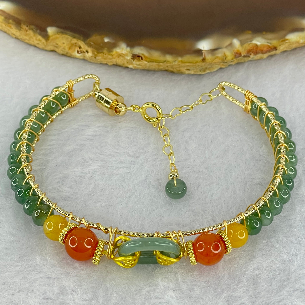 Type A Semi Icy Blueish Green Jadeite Ping An Kou Donut 14.7 by 3.1mm and Donuts Beads 5.5 by 3.4mm 24 Beads in Sliver Gold Color Bracelet 15.62g 17cm