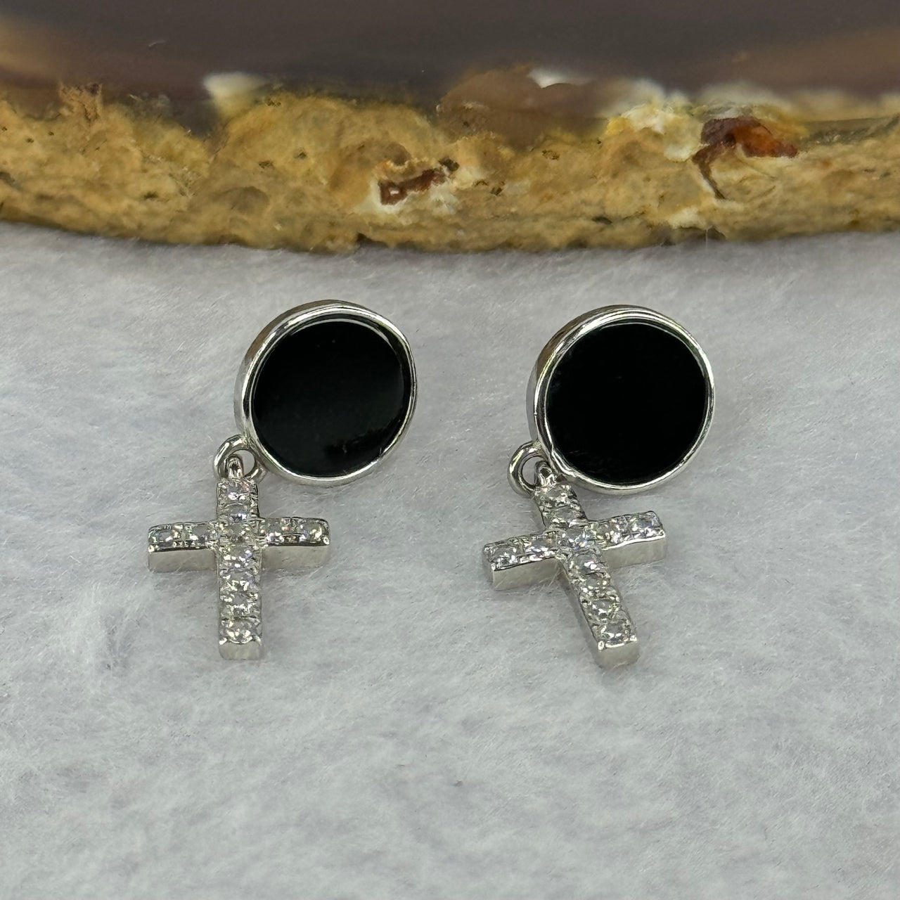 Type A Translucent Black Omphasite Jadeite Round Shaped with Cross and Crystals Earrings in S925 Silver 2.26g 8.2 by 1.5mm