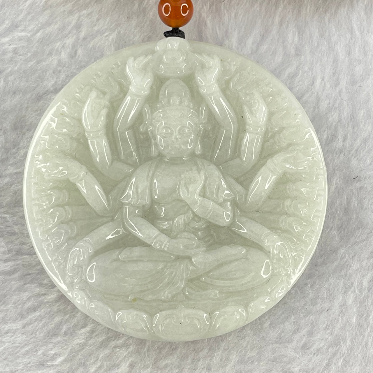 Type A Faint Lavender with Green Patches Jadeite Double Sided Thousand Hands Guan Yin Pendant 68.11g 53.0 by 12.5mm