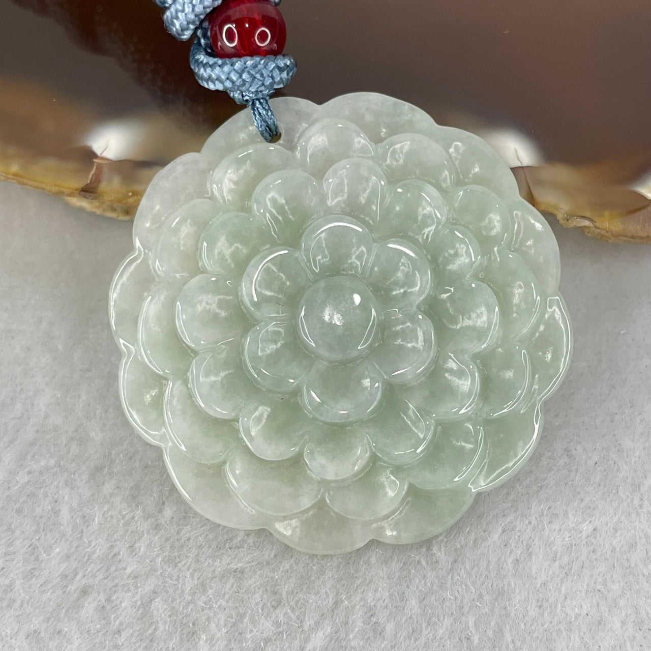 Type A Light Green Jadeite Prosperity Flower Pendant 15.68g 36.2 by 5.9mm