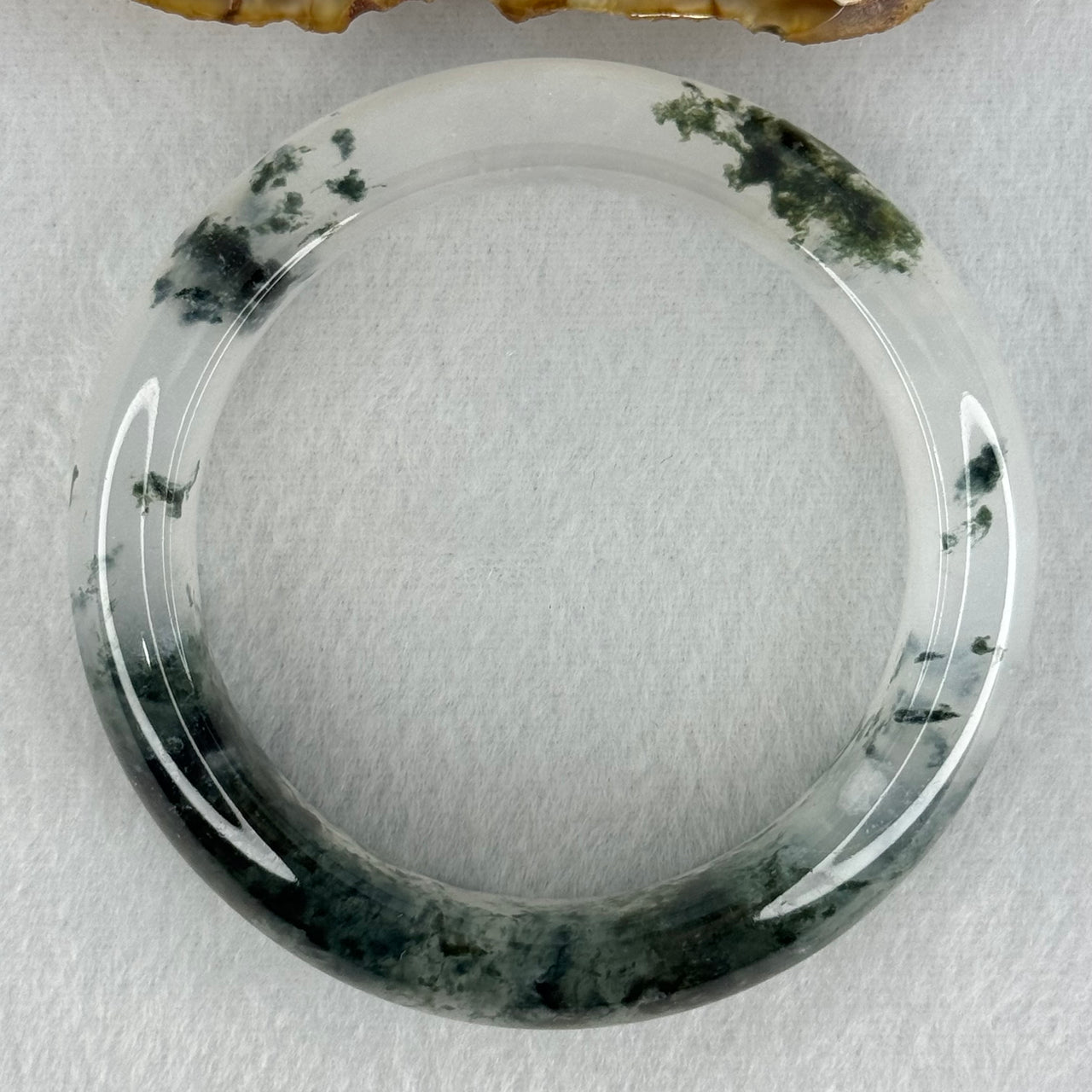 Transparent Colourless with Moss Green Piao Hua Sodium Feldspar Jade Bangle 水沫玉手镯 Internal Diameter 54.1mm 62.59g 16.1 by 9.5mm