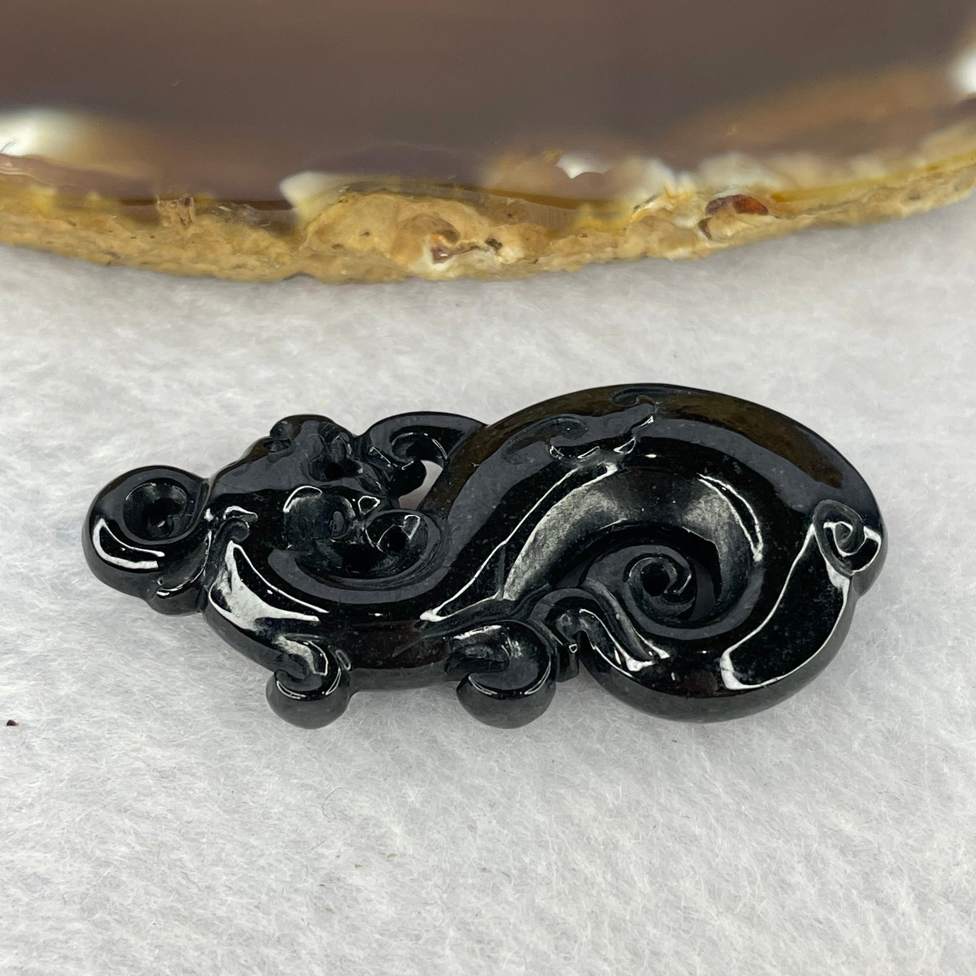 Type A  Opaque Black Omphasite Dragon Pendant / Charm 11.58g 45.6 by 21.2 by 8.5 mm - Huangs Jadeite and Jewelry Pte Ltd