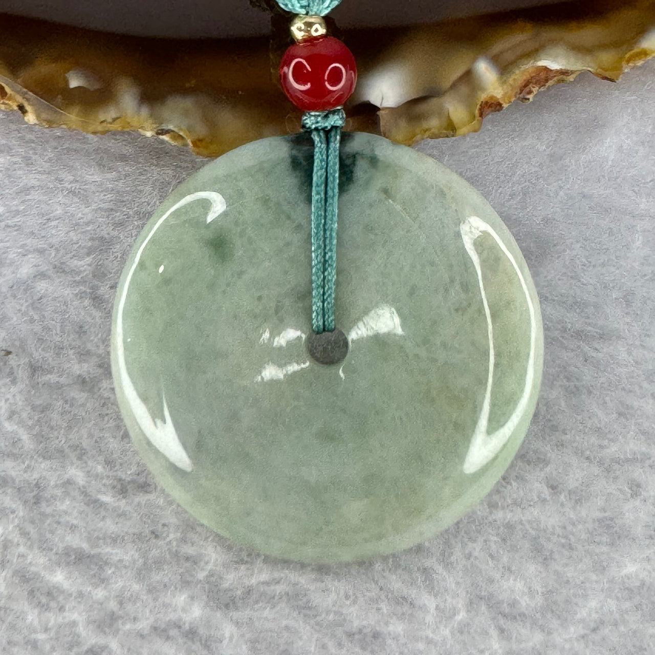 Type A Green With Blueish Green Piao Hua and Yellow Lavender Patches Jadeite Ping An Kou Donut Pendent 16.90g 35.5 by 6.0 mm - Huangs Jadeite and Jewelry Pte Ltd