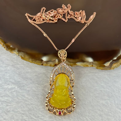 Natural Yellow Amber Guan Yin with Crystals in Silver Rose Gold Color Necklace 7.81g 16.5 by 8.1 by 3.0mm