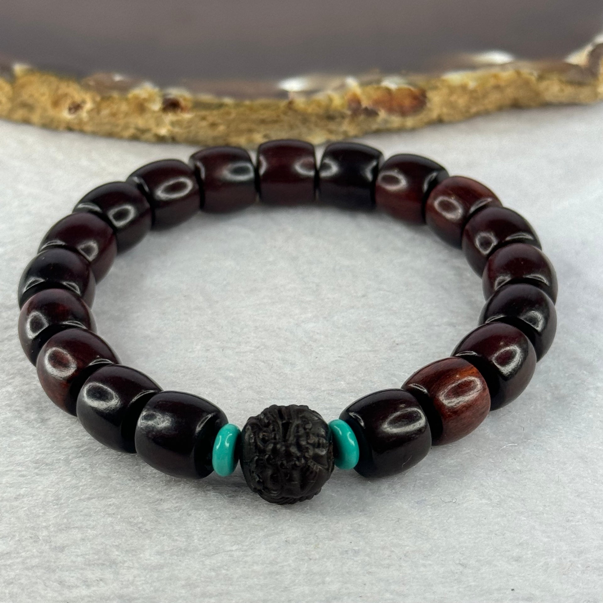 Natural Indian Small Leaf Zitan Wood Beads and Pixiu Bead with Turquoise Bracelet 印度小叶紫檀 14.22g 17cm 10.0mm 19 Beads - Huangs Jadeite and Jewelry Pte Ltd