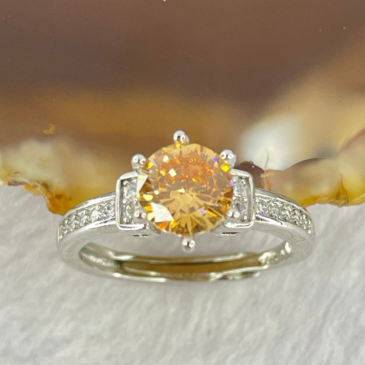 Yellow Cubic Zirconia with Crystals in S925 Sliver Ring (Adjustable Size) 2.16g 6.6 by 4.0mm