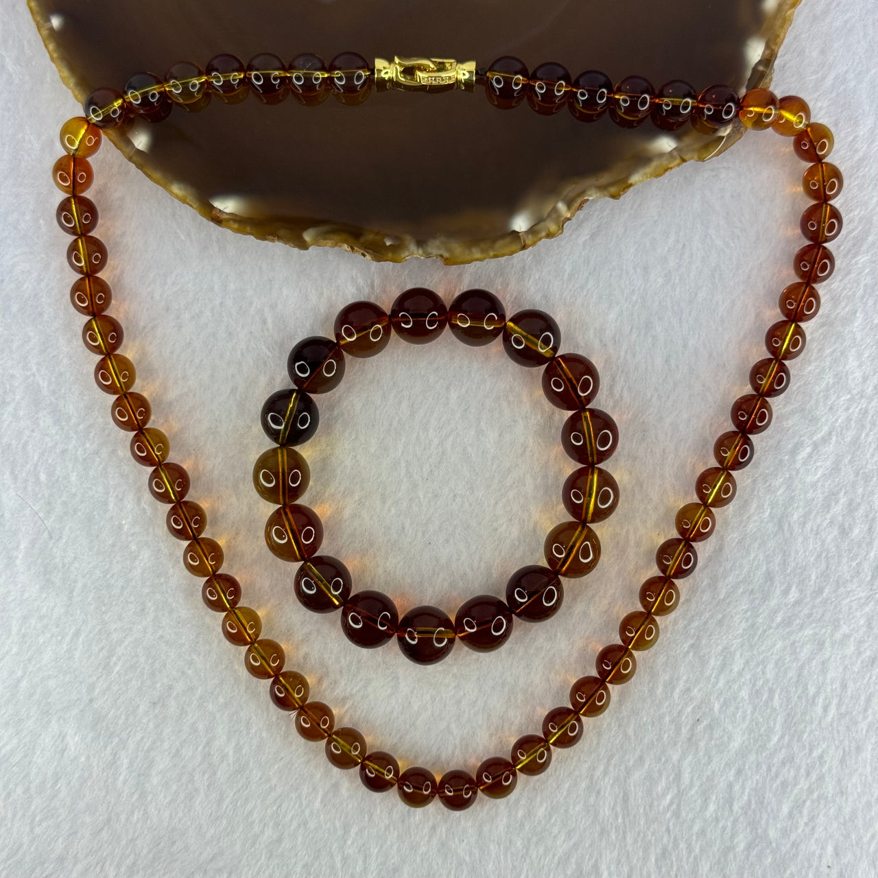 Very Very High Grade Transparent Natural Red Blue Amber Beads Jewelry Set Bracelet 15.03g 17cm 12.0mm 17 Beads, S925 Silver Gold Color with Cubic Zirconia Necklace 18.67g 8.7mm 55 Beads