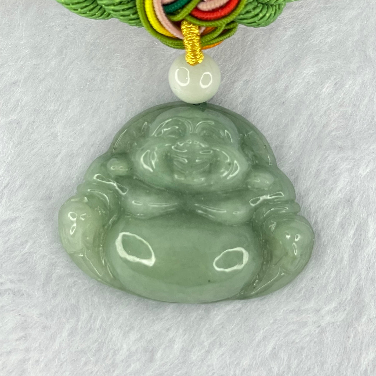 Type A Green Jadeite Milo Buddha Pendant and Beads Necklace 43.19g 31.3 by 40.8 by 12.1mm