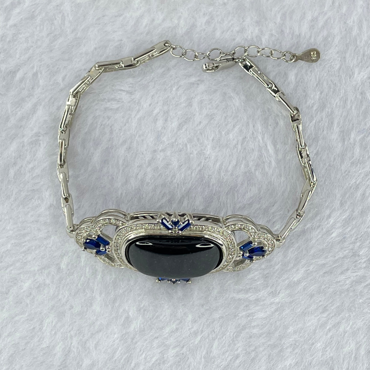 Type A Translucent Black Jadeite Oval Wu Shi Pai with Crystals in S925 Sliver Bracelet 13.14g 20.0 by 12.0 by 3.5mm