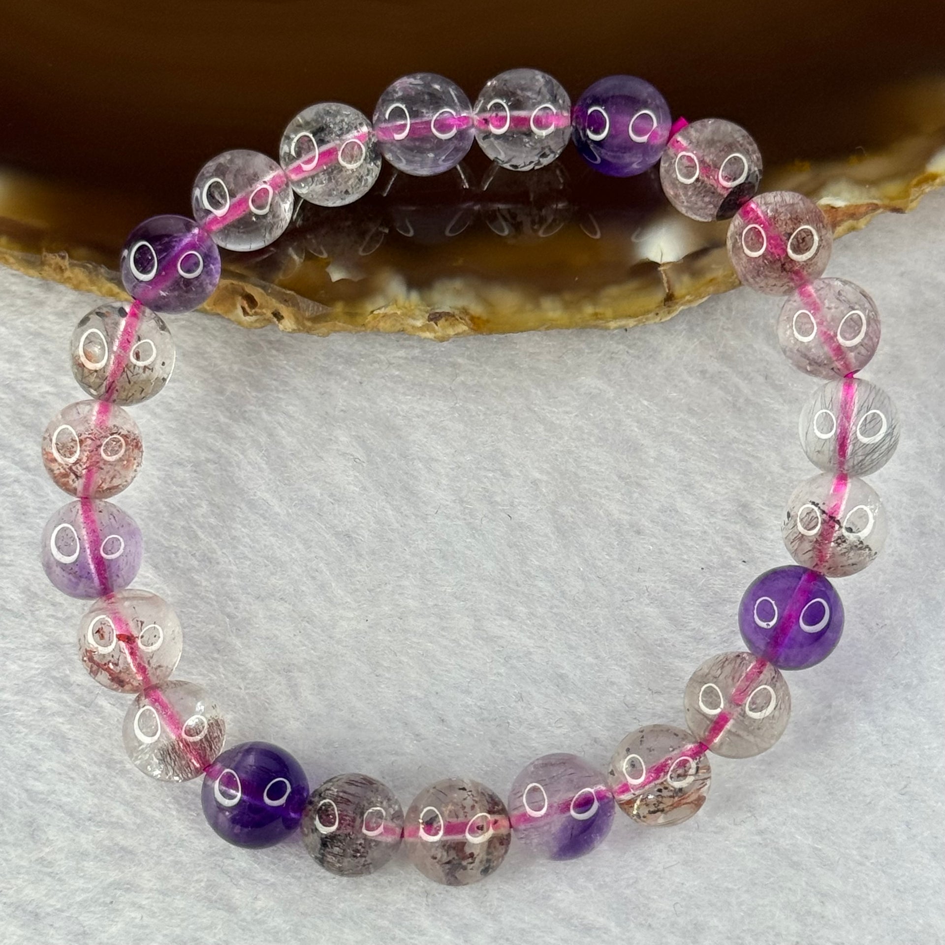 Above Average Grade Natural Super 7 Crystal Beads Bracelet 天然超级七水晶珠手链 17.35g 15.5cm 8.3mm 23 Beads - Huangs Jadeite and Jewelry Pte Ltd