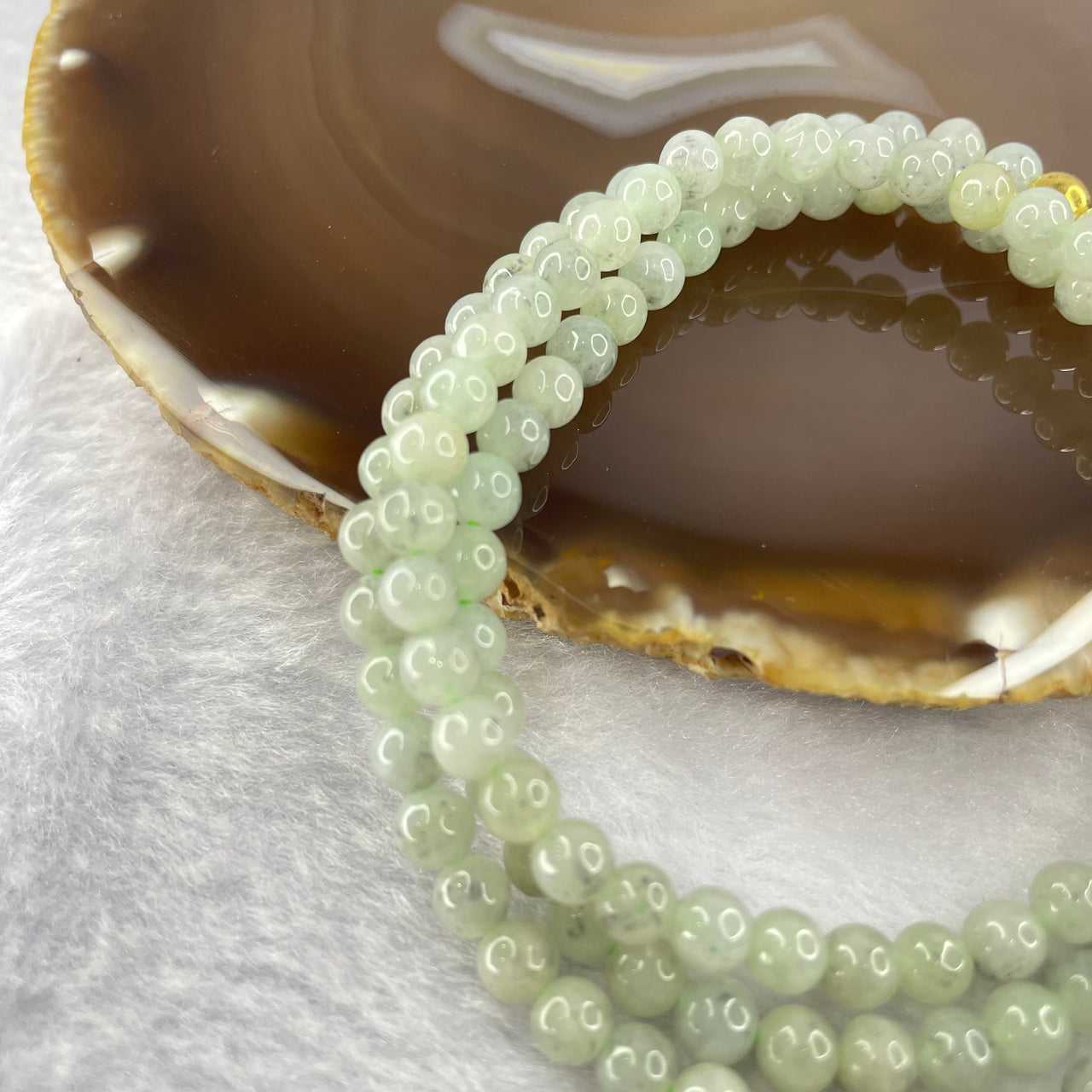 Type A Semi Icy Green with Wuji Grey Piao Hua Beads Necklace 123 Beads 5.5mm 32.22g - Huangs Jadeite and Jewelry Pte Ltd