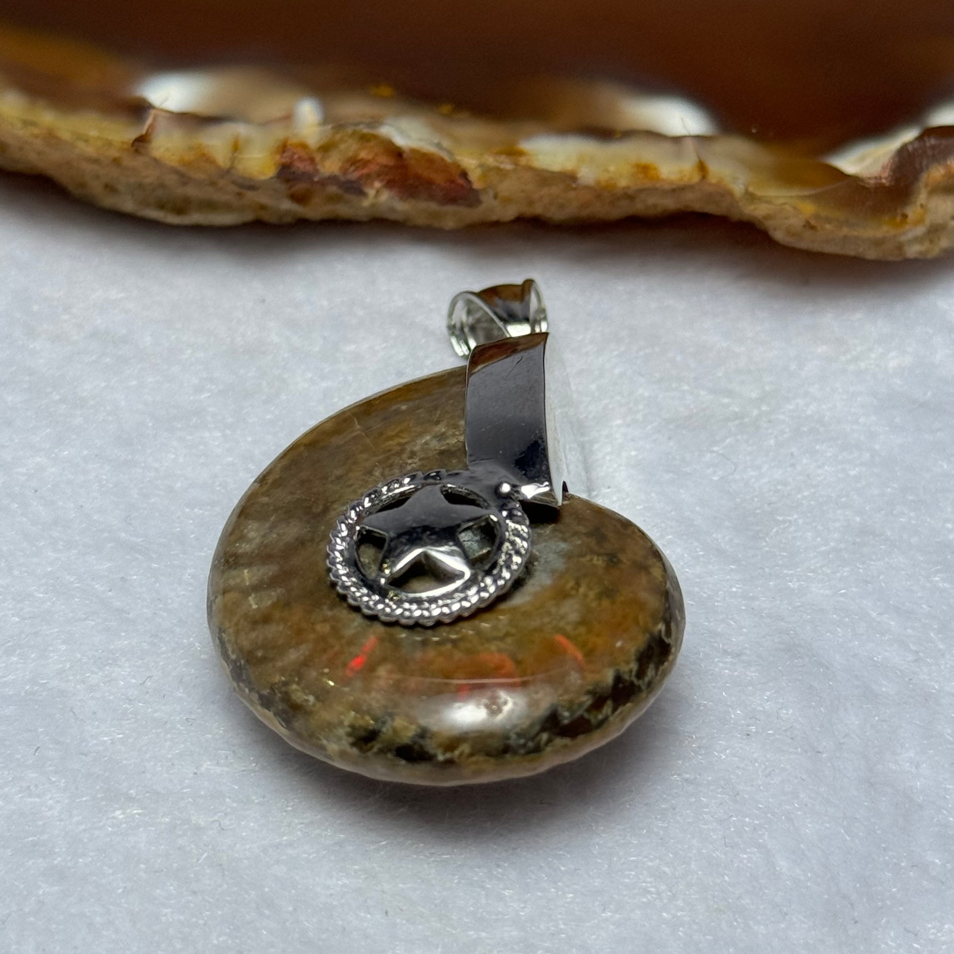 Natural Ammolite Fossil In Sliver Pendent/Charm 15.86g 33.8 by 27.2 by 10.1mm - Huangs Jadeite and Jewelry Pte Ltd