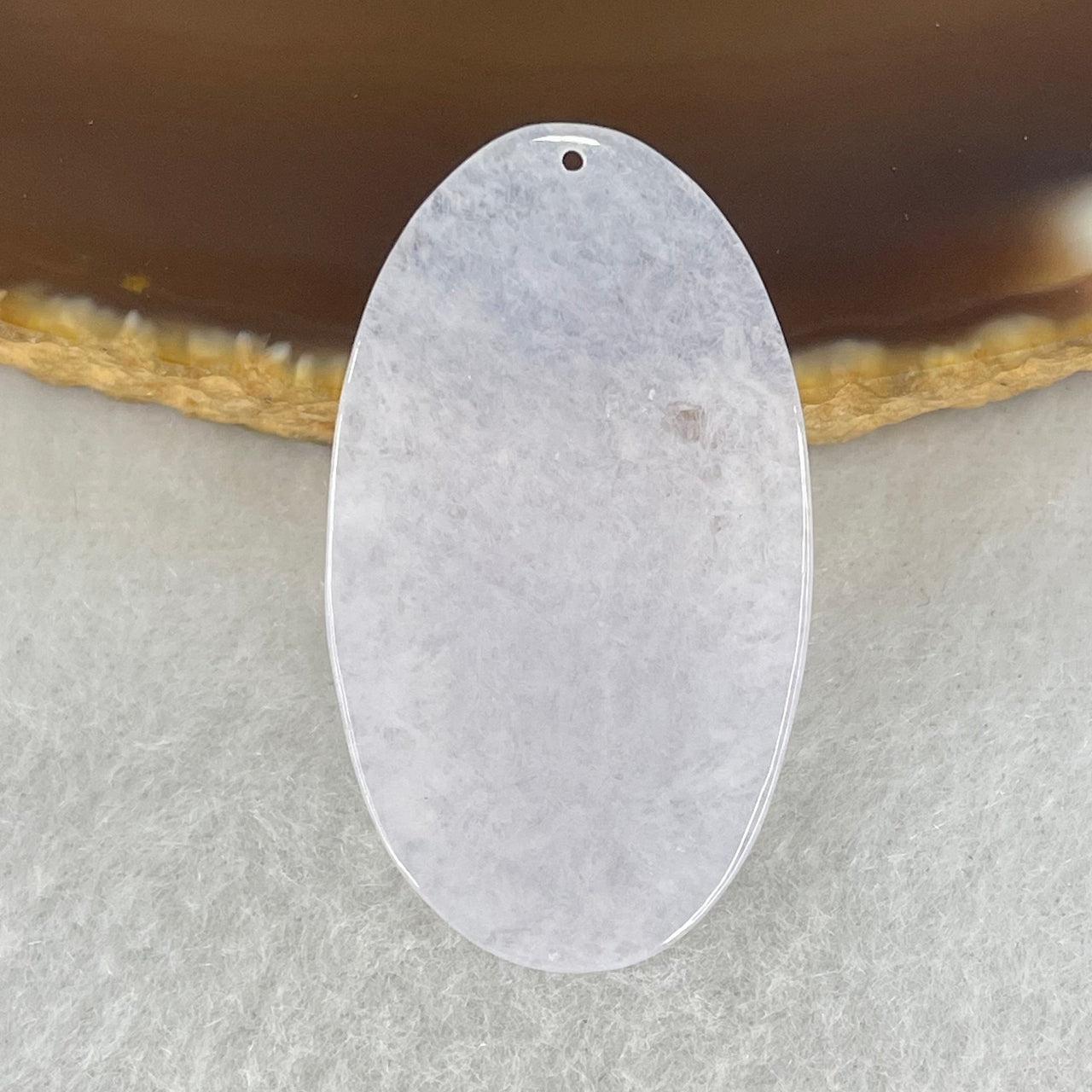 Highly Translucent Type A Faint Lavender Oval Wu Shi Pai Pendant 3.06g 35.9 by 20.5 by 1.6mm