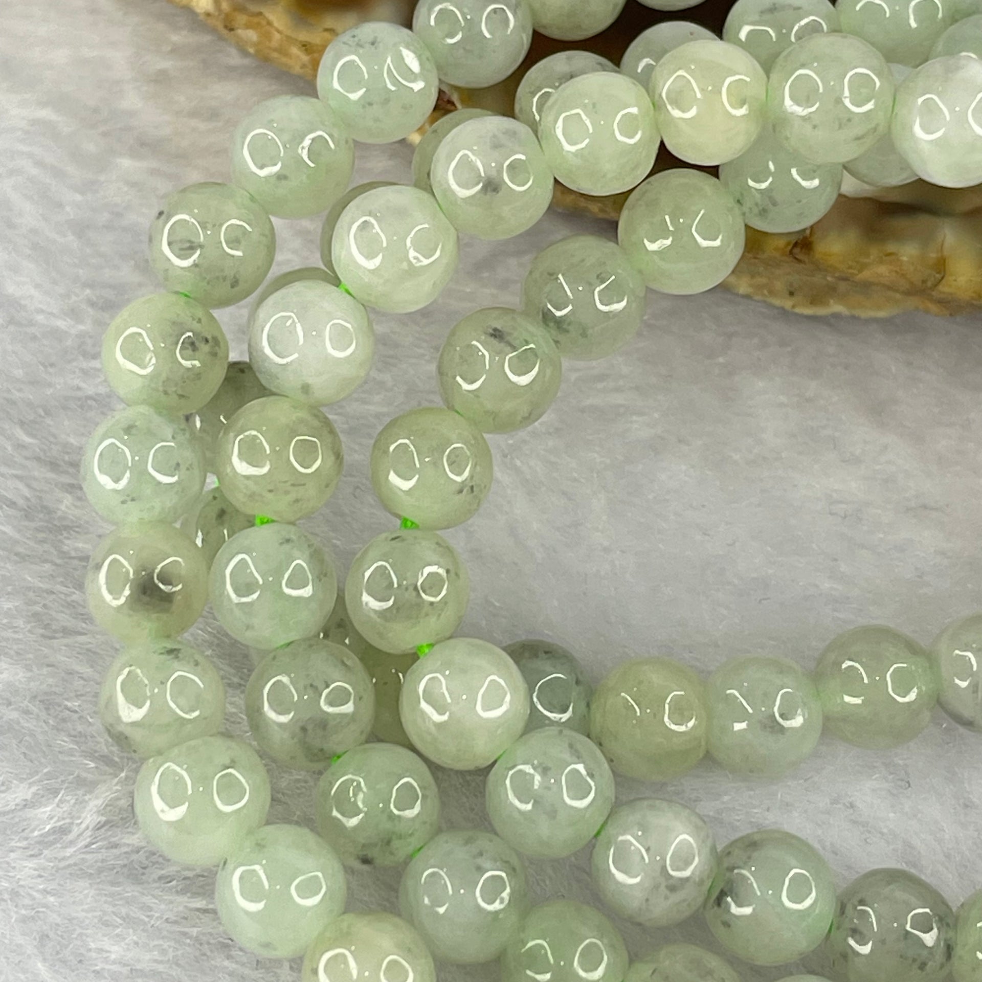 Type A Semi Icy Green with Wuji Grey Piao Hua Beads Necklace 104 Beads 5.5mm 32.18g - Huangs Jadeite and Jewelry Pte Ltd