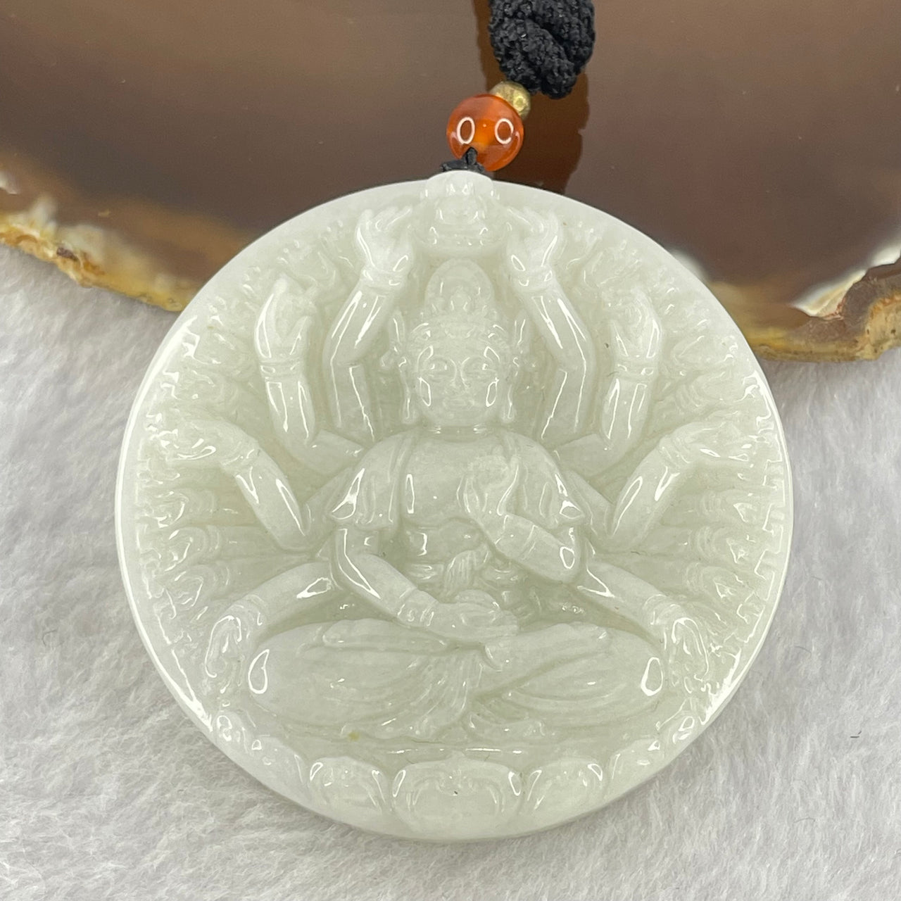 Type A Faint Lavender with Green Patches Jadeite Double Sided Thousand Hands Guan Yin Pendant 68.11g 53.0 by 12.5mm