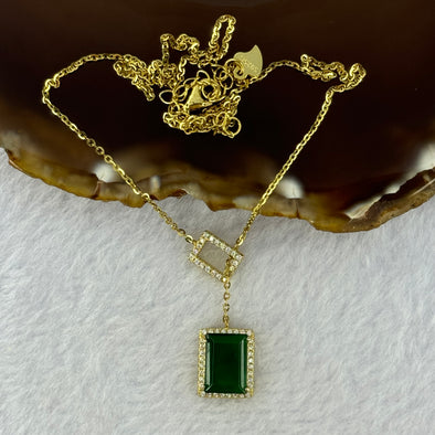 Type A Icy Green Jadeite Mini Wu Shi Pai 10.7 by 7.7 by 2.0mm with Crystals in S925 Sliver Gold Color Necklace 3.76g