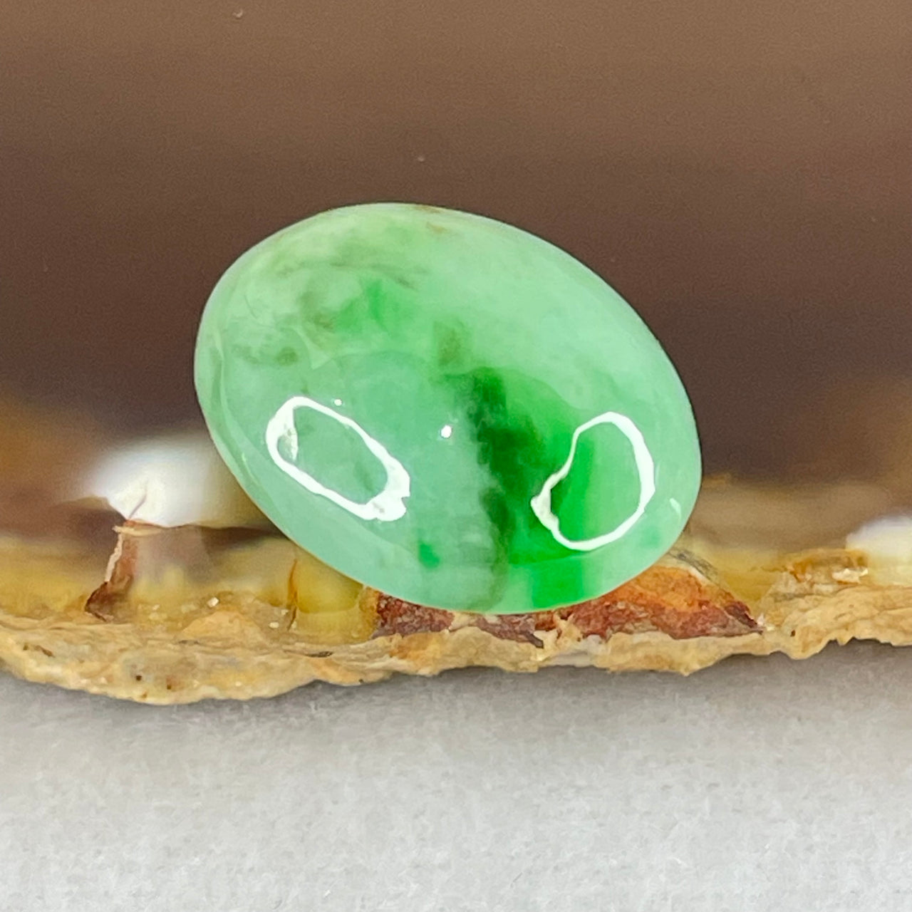 Type A Light Green and Spicy Green Piao Hua Jadeite Cabouchon Stone For Setting 3.88g 17.5 by 14.3 by 8.7mm