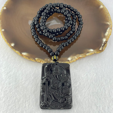 Black Obsidian Beads Necklace with Black Obsidian Guan Gong Pendant 43.61g 57.6 by 38.7 by 11.7mm