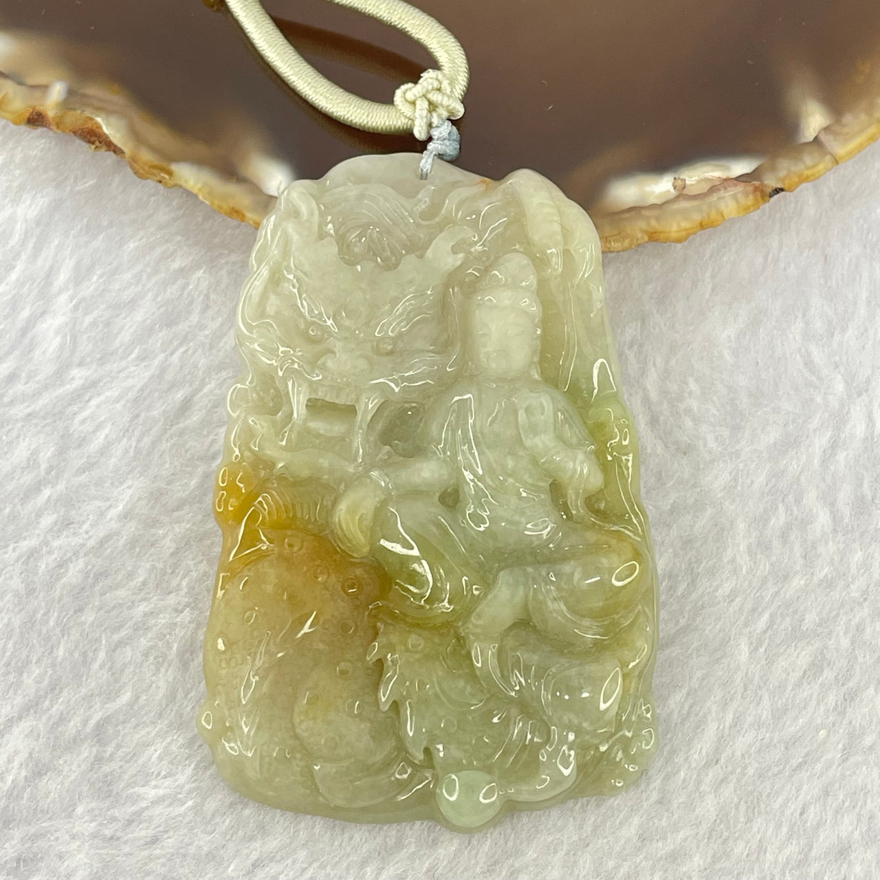 Type A Green with Yellow Jadeite Dragon and Guan Yin Pendant 47.44g 64.0 by 42.9 by 8.8mm