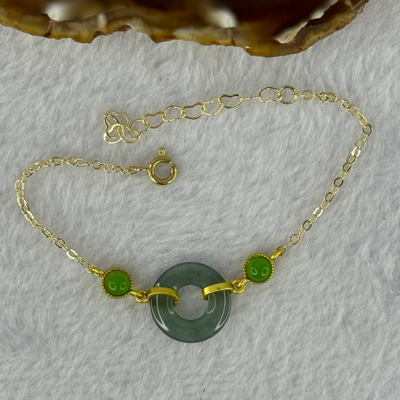 Type A Icy Blueish Green Jadeite Ping An Kou Donut in Gold Color Bracelet 2.93g 16.6 by 2.3mm