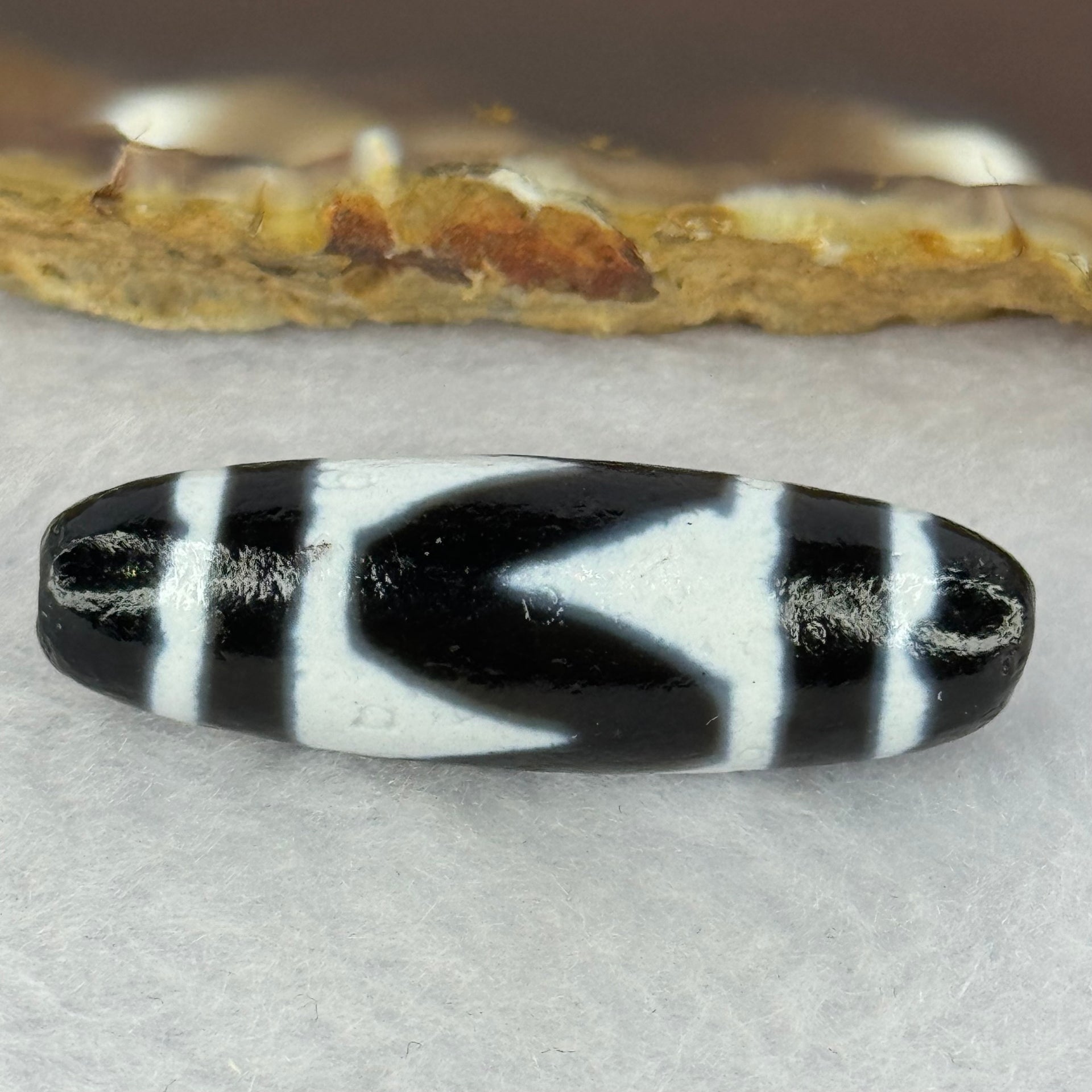 Natural Powerful Tibetan Old Oily Agate Tiger Tooth Daluo Dzi Bead Heavenly Master (Tian Zhu) 虎呀天诛 7.55g 35.8 by 9.9mm - Huangs Jadeite and Jewelry Pte Ltd