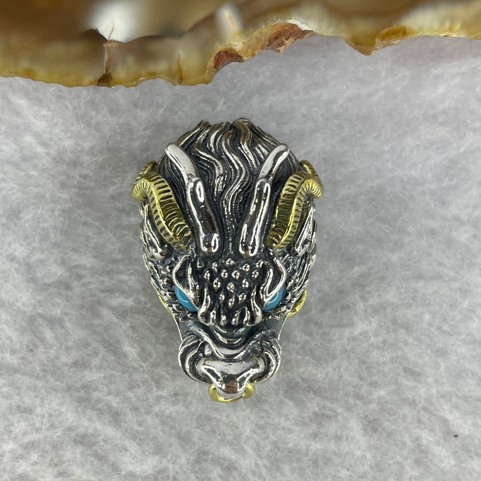 925 Sliver Dragon with Turquoise Eyes and Movable Nose Ring Bracelet Charm 10.94g 22.9 by 16.0 by 13.6 mm - Huangs Jadeite and Jewelry Pte Ltd