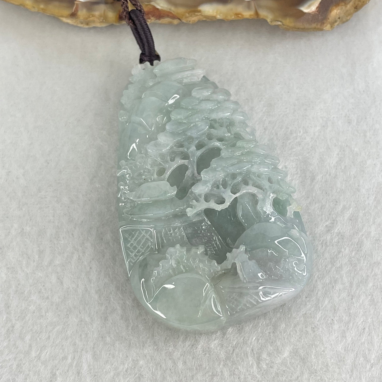 Type A Light Green Light Lavender Jadeite Shan Shui Gui Ren Benefactor Pendant 47.10g 63.5 by 34.1 by 13.3mm