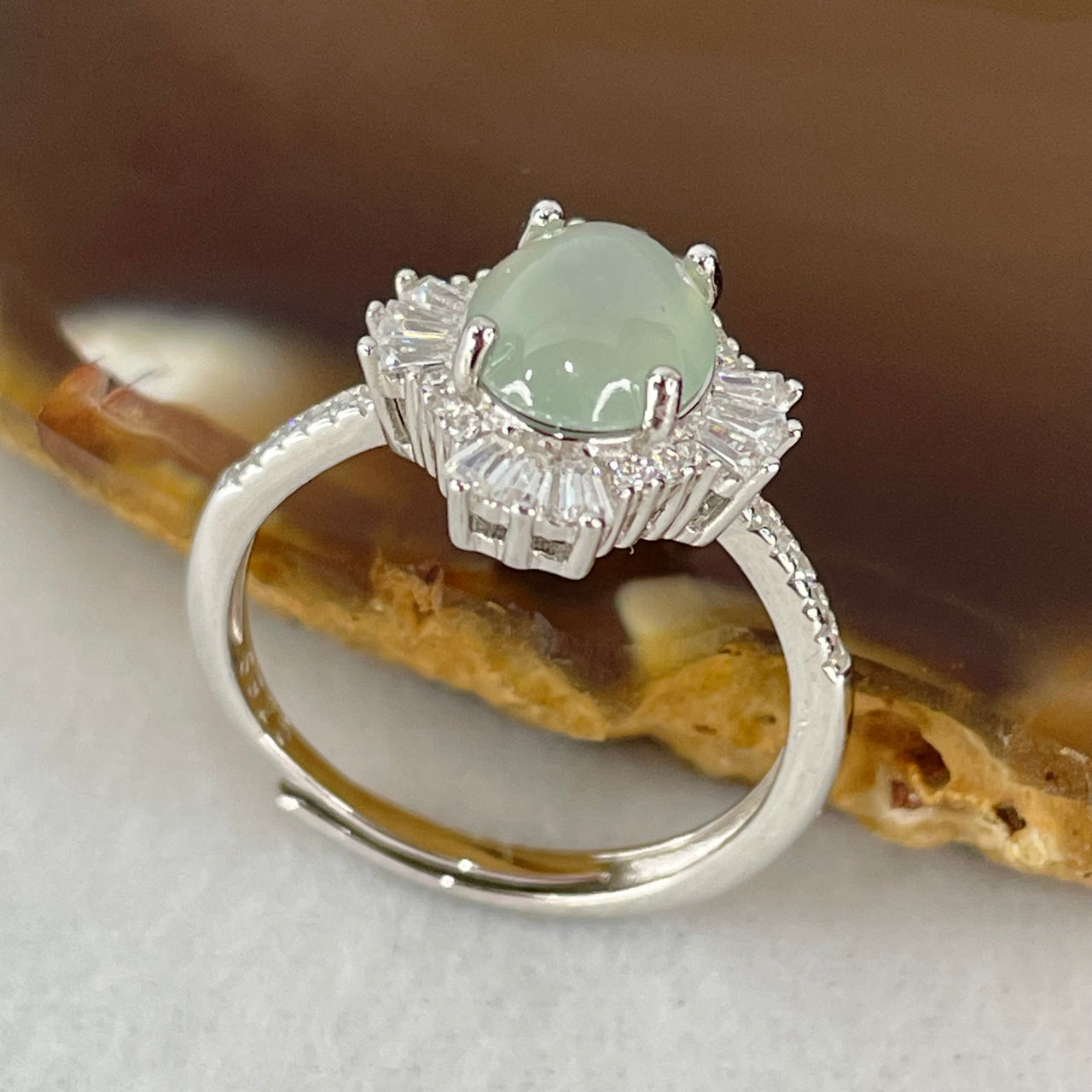 Type A Icy Light Sky Blue Jadeite Cabochon with Crystals in S925 Sliver Ring 2.55g 8.6 by 6.9 by 4.0mm