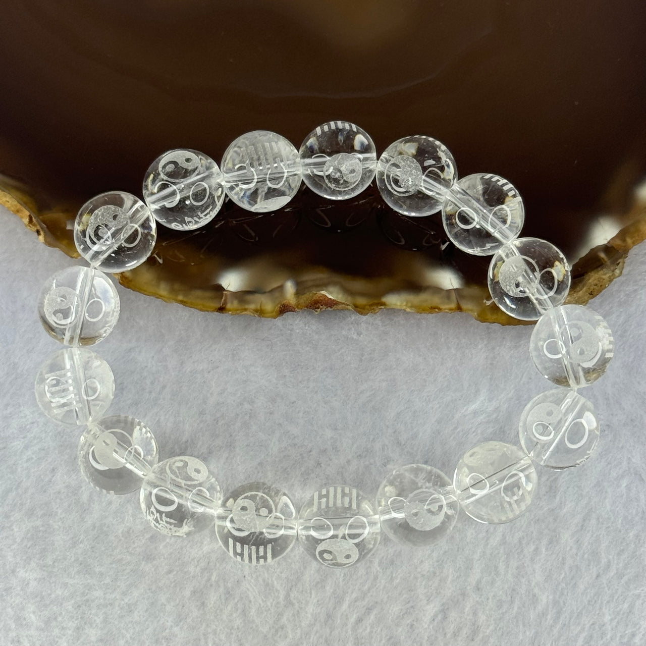 Natural Clear Quartz Beads with Inscription Bracelet 42.26g 17.5cm 12.3mm 17 Beads