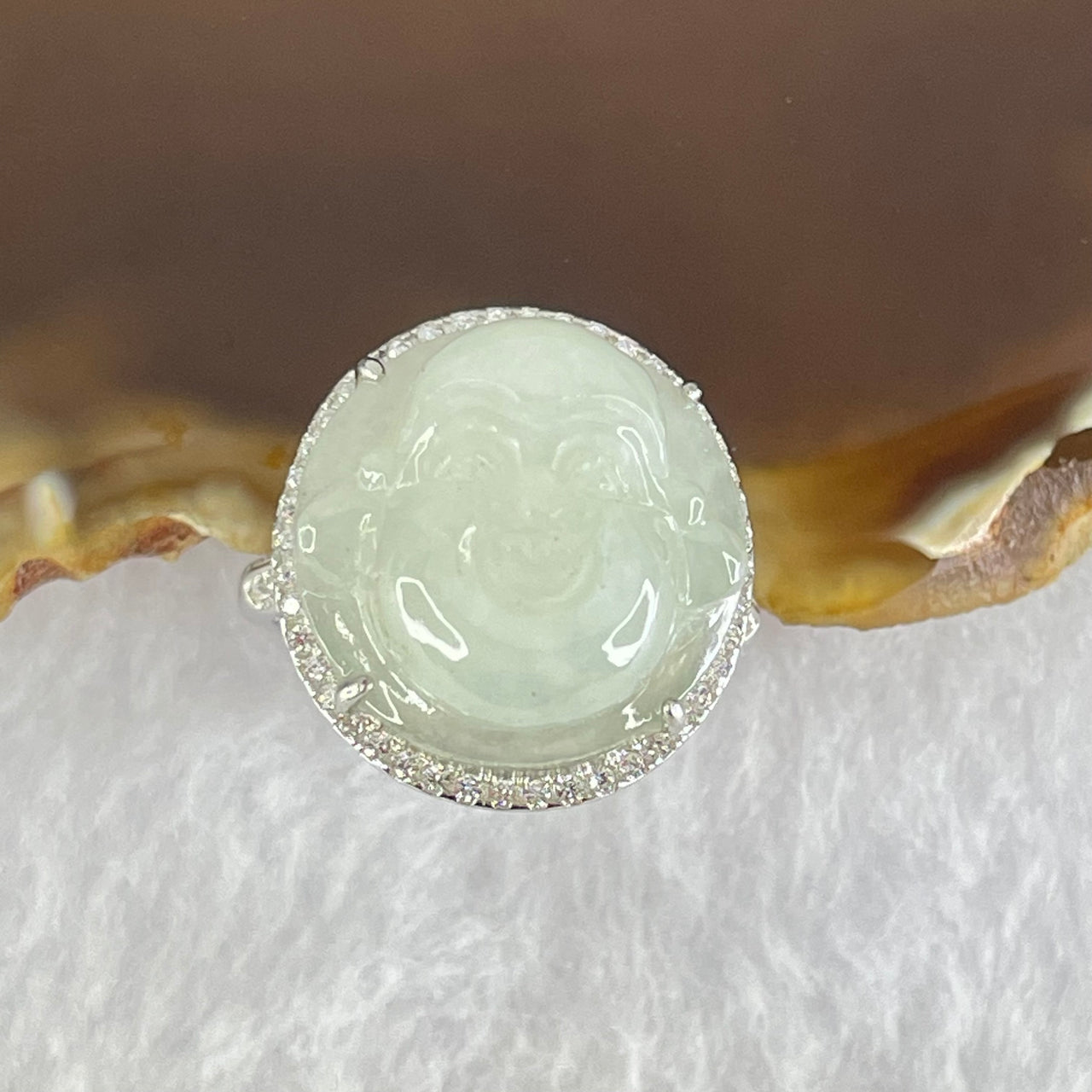 Type A Faint Lavender Green Jadeite Milo Buddha in S925 Ring (Adjustable Size) 6.17g 16.6 by 16.6 by 7.8mm