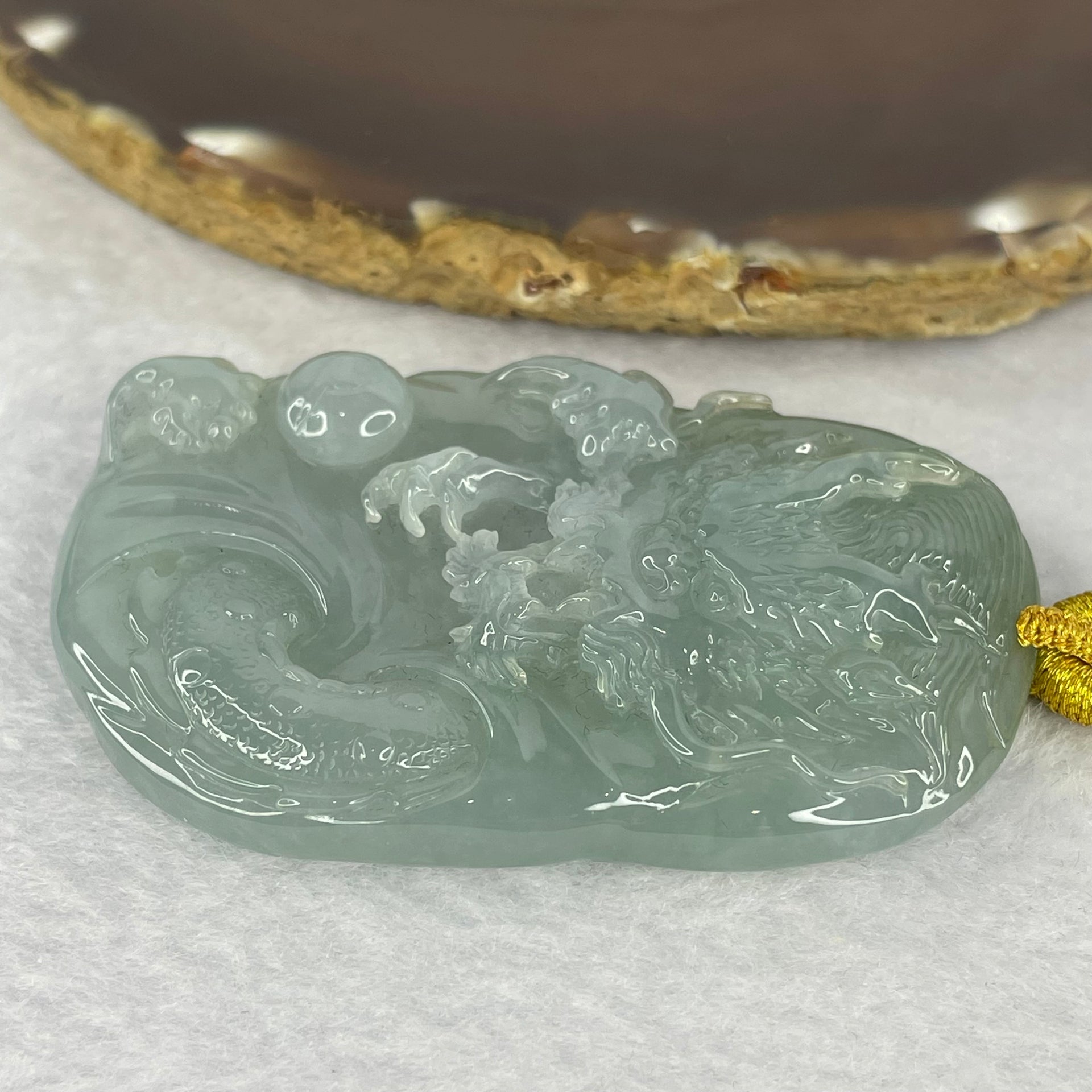 Rare Type A Semi Icy Translucent Sky Blue (Faint Blueish Green) Jadeite Dragon Pendant including Necklace 罕见A货冰糯总天空蓝翡翠龙牌 65.11g 65.67 by 41.90 by 12.10mm with NGI Cert No. 82823873 - Huangs Jadeite and Jewelry Pte Ltd