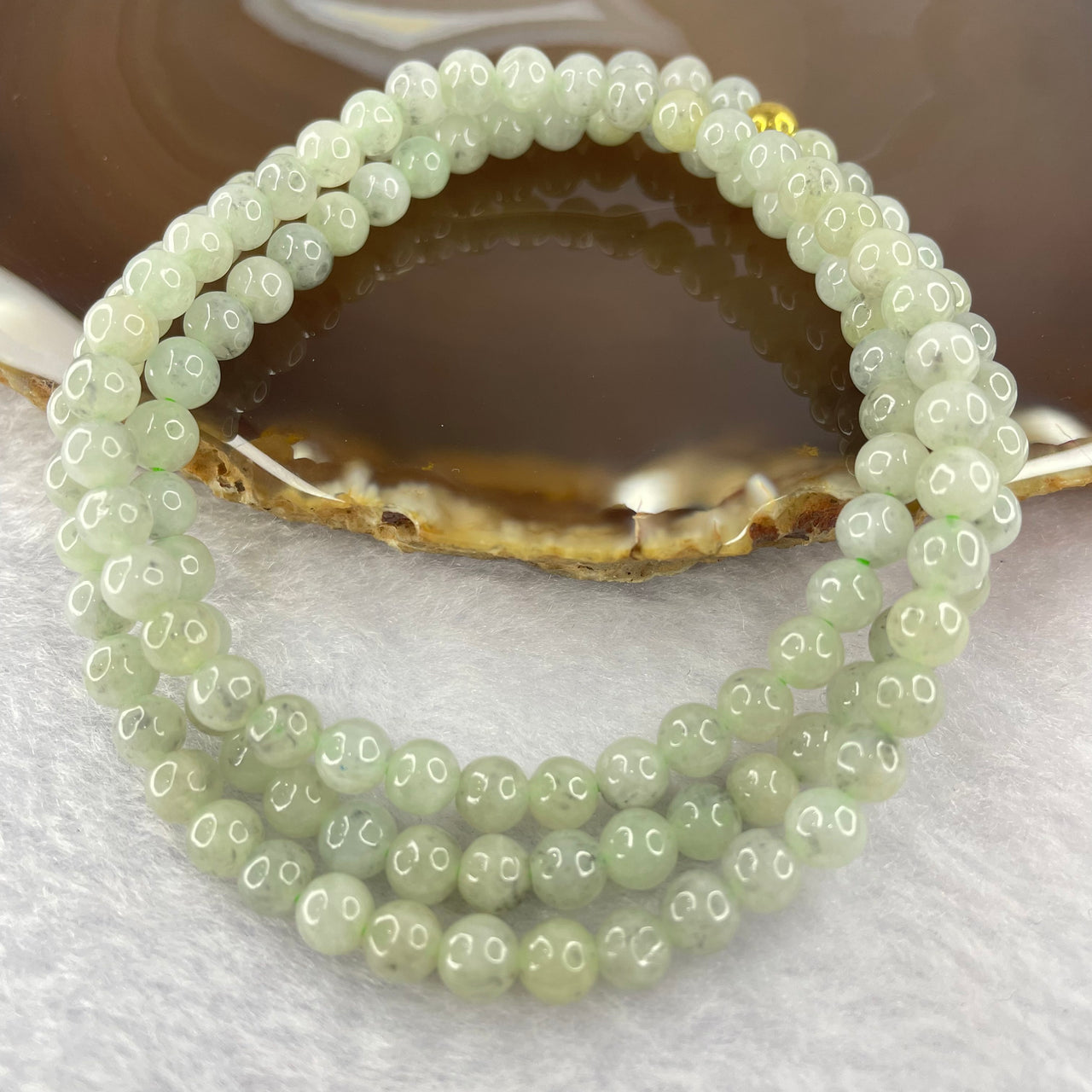 Type A Semi Icy Green with Wuji Grey Piao Hua Beads Necklace 123 Beads 5.5mm 32.22g - Huangs Jadeite and Jewelry Pte Ltd