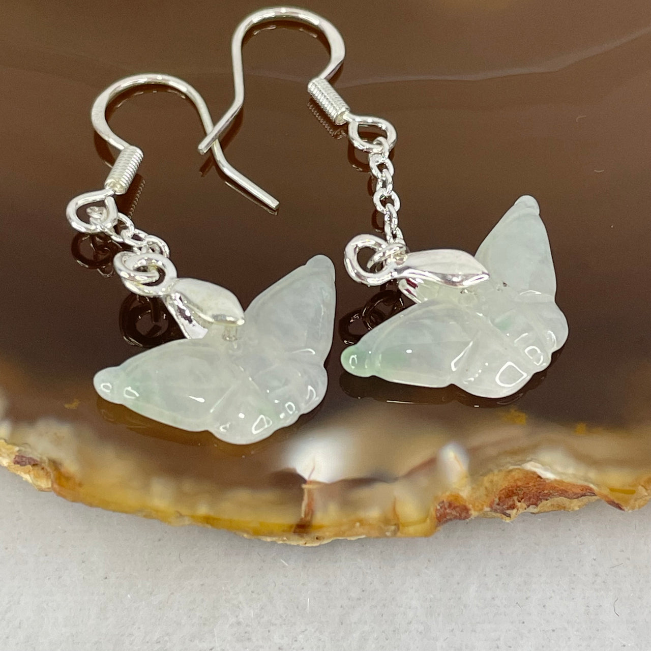 Type A Light Green Jadeite Butterfly in S925 Sliver Earrings 2.55g 19.5 by 9.2 by 3.0mm