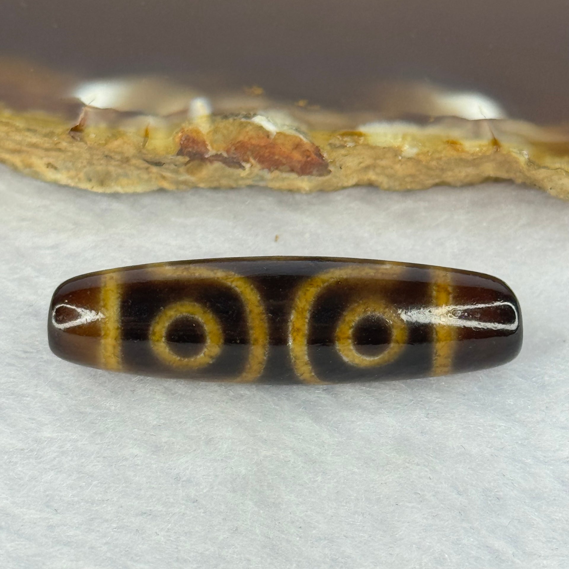 Natural Powerful Tibetan Old Oily Agate 3 Eyes Dzi Bead Heavenly Master (Tian Zhu) 三眼天诛 6.63g 39.1 by 10.7mm - Huangs Jadeite and Jewelry Pte Ltd