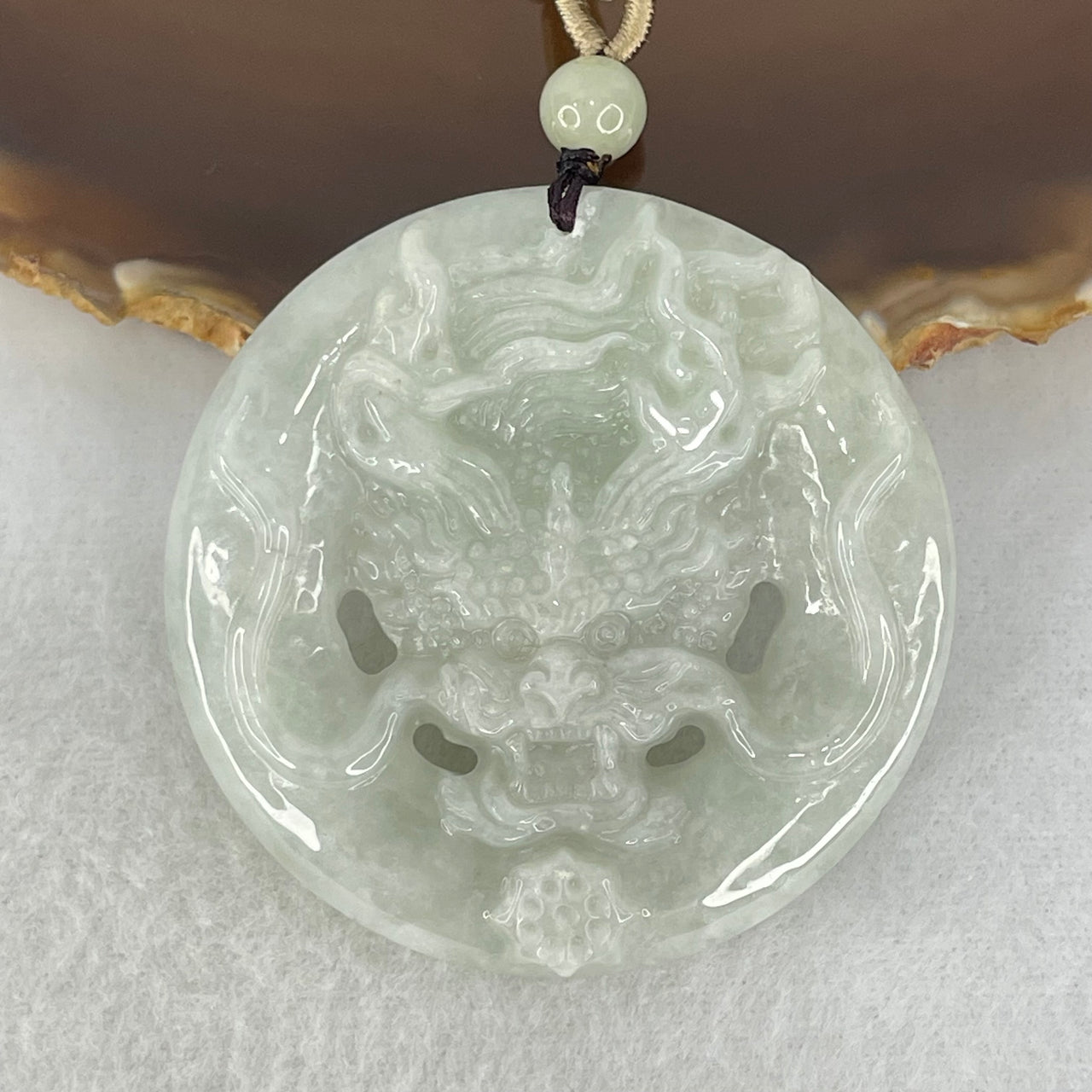 Type A Light Lavender Green Jadeite Double Sided Dragon Pendant 49.98g 51.9 by 10.9mm